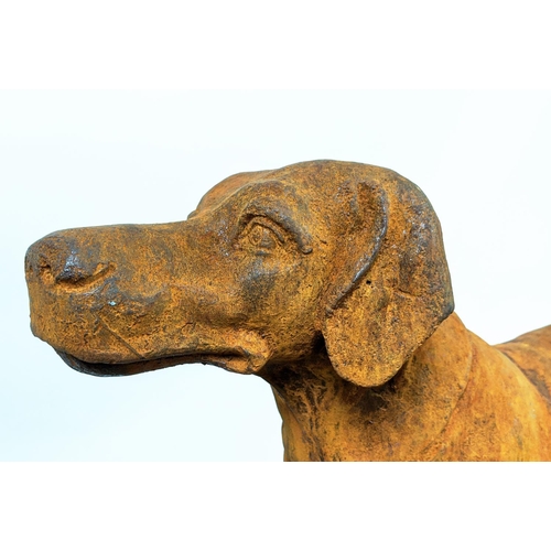 305 - CONTEMPORARY SCHOOL SCULPTURAL DOGS, a pair, cast metal, oxidised finish, 91cm x 21cm x 75cm. (2)