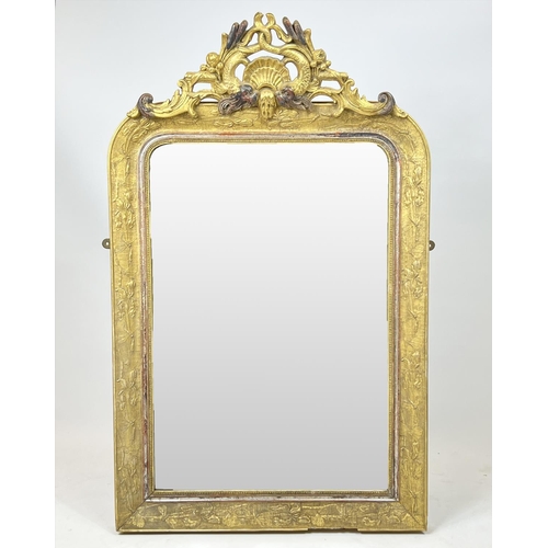 198 - WALL MIRROR, 19th century gilt gesso incorporating stylised foliate plants, dragonflies and entwined... 