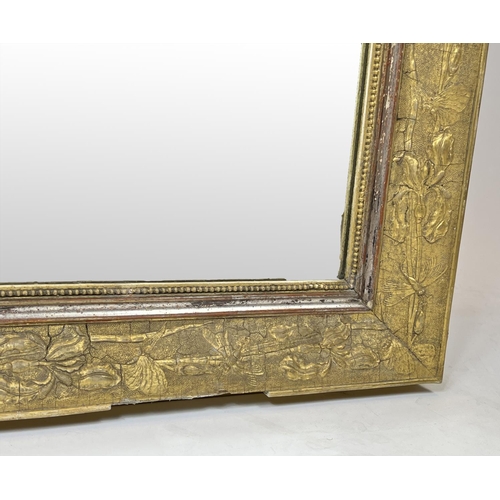 198 - WALL MIRROR, 19th century gilt gesso incorporating stylised foliate plants, dragonflies and entwined... 