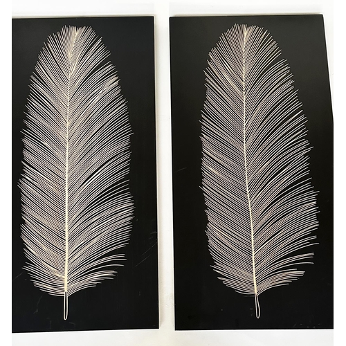 205 - WALL PANELS, a pair, rectangular panelled each featuring mounted feather palm fond leaf, 120cm x 60c... 