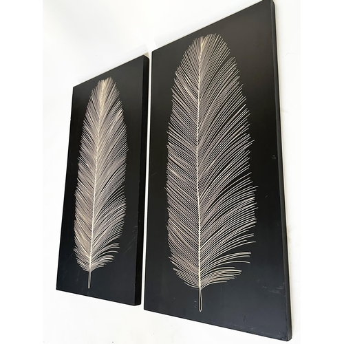 205 - WALL PANELS, a pair, rectangular panelled each featuring mounted feather palm fond leaf, 120cm x 60c... 