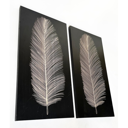 205 - WALL PANELS, a pair, rectangular panelled each featuring mounted feather palm fond leaf, 120cm x 60c... 