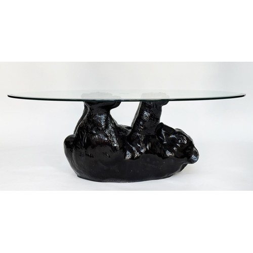 208 - BEAR TABLE, oval plate glass with bear cub support, 114cm x 80cm x 45cm H.