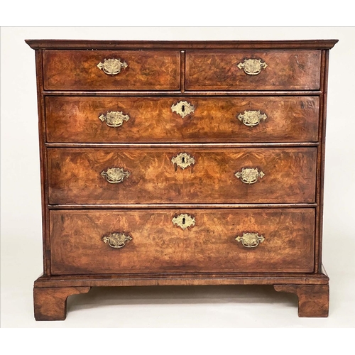 CHEST, early 18th century Queen Anne figured walnut and crossbanded with quarter veneered top above two short and three long drawers, 101cm x 93cm H x 56cm.