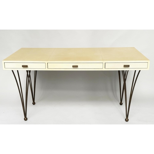 218 - JULIAN CHICHESTER 'RAVEL' DESK, natural velum covered with three frieze drawers and bronze tapering ... 
