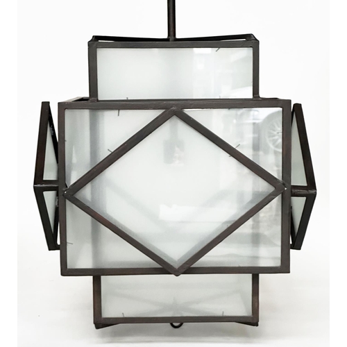 221 - HALL LANTERNS, a pair, Art Deco style, metal framed and frosted glass, 73cm H x 50cm W. (2)