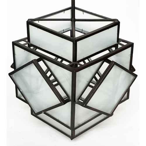 221 - HALL LANTERNS, a pair, Art Deco style, metal framed and frosted glass, 73cm H x 50cm W. (2)
