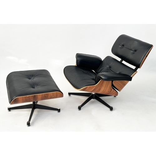 222 - AFTER CHARLES AND RAY EAMES LOUNGE CHAIR AND OTTOMAN, 87cm W. (2)