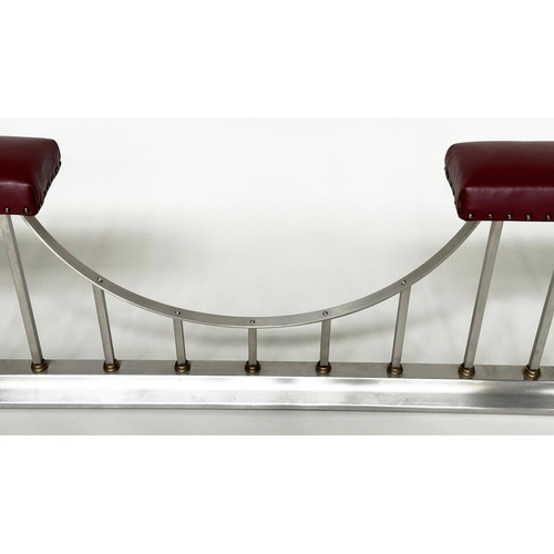 223 - ACRES FARM CLUB FENDER, polished steel and brass with scarlet hide leather seats and shaped rail, 19... 