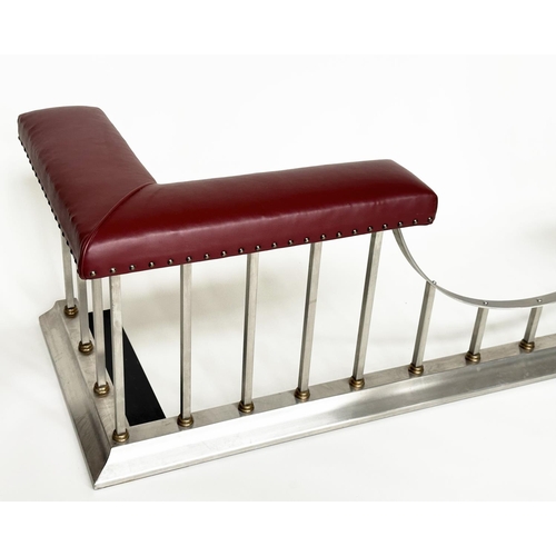 223 - ACRES FARM CLUB FENDER, polished steel and brass with scarlet hide leather seats and shaped rail, 19... 
