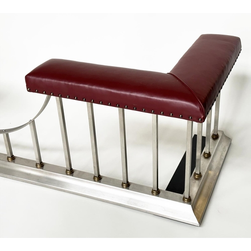 223 - ACRES FARM CLUB FENDER, polished steel and brass with scarlet hide leather seats and shaped rail, 19... 