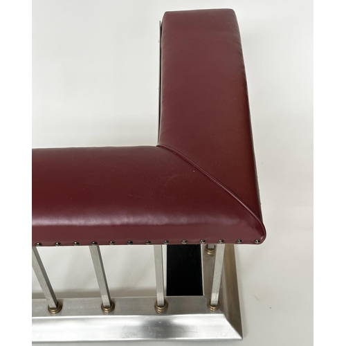 223 - ACRES FARM CLUB FENDER, polished steel and brass with scarlet hide leather seats and shaped rail, 19... 