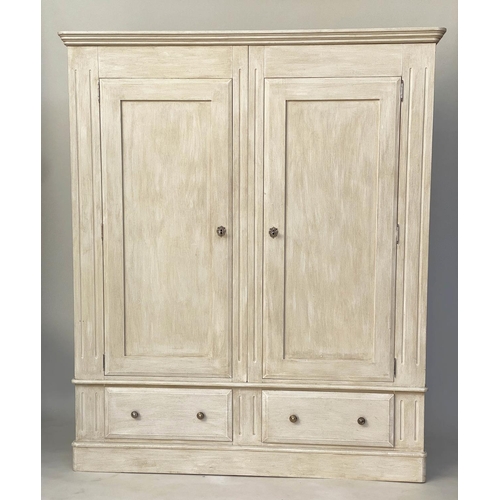 224 - ARMOIRE, French style traditionally grey painted with two panelled doors enclosing generous hanging ... 
