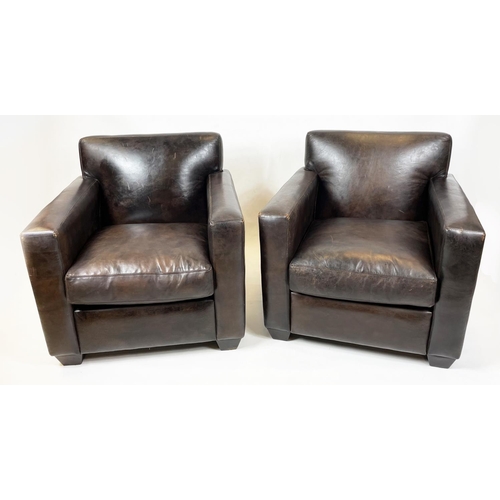 200 - ARMCHAIRS, a pair, brown leather with reversible tweed seat cushions and studded backs, 82cm W x 76c... 