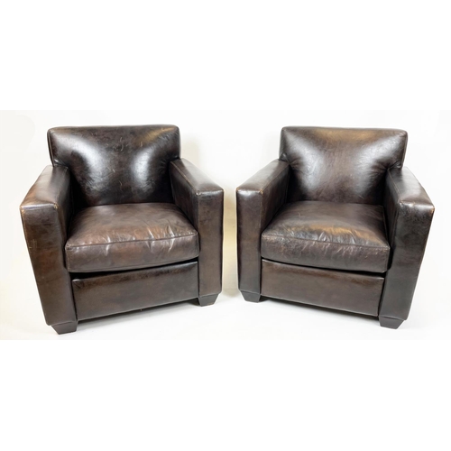 200 - ARMCHAIRS, a pair, brown leather with reversible tweed seat cushions and studded backs, 82cm W x 76c... 