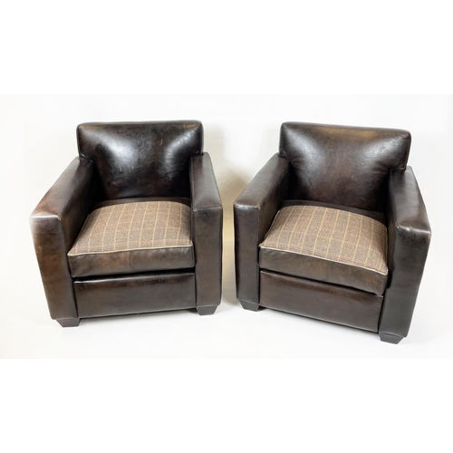 200 - ARMCHAIRS, a pair, brown leather with reversible tweed seat cushions and studded backs, 82cm W x 76c... 