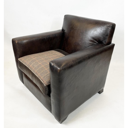 200 - ARMCHAIRS, a pair, brown leather with reversible tweed seat cushions and studded backs, 82cm W x 76c... 