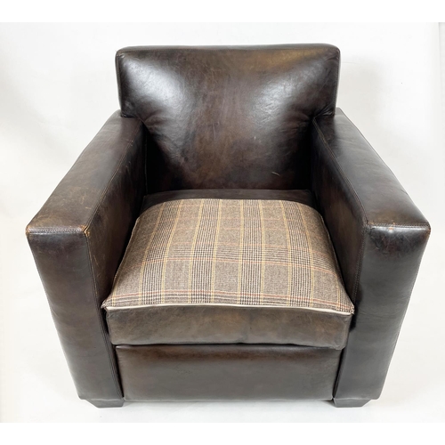 200 - ARMCHAIRS, a pair, brown leather with reversible tweed seat cushions and studded backs, 82cm W x 76c... 