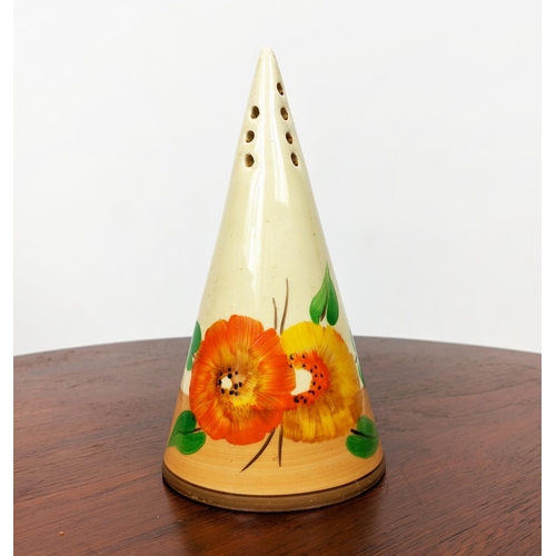 9 - CLARICE CLIFF CONICAL SIFTER, a large and small 'crocus' bowl, a beehive 'crocus' sugar bowl and a c... 