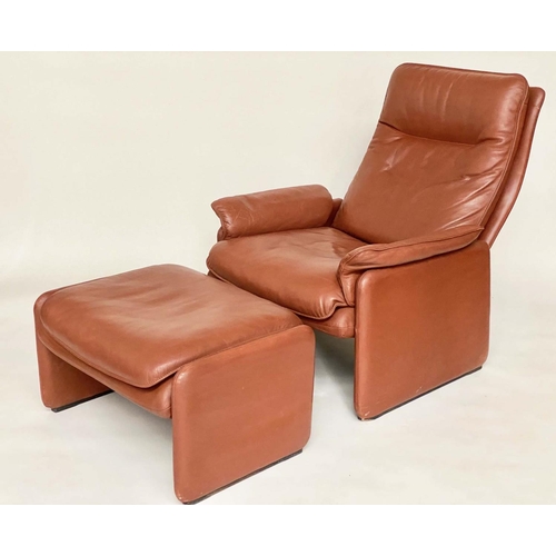 425 - DE SEDE LOUNGE CHAIR AND STOOL, stitched tan hide with reclining back and matching stool, 76cm W. (2... 