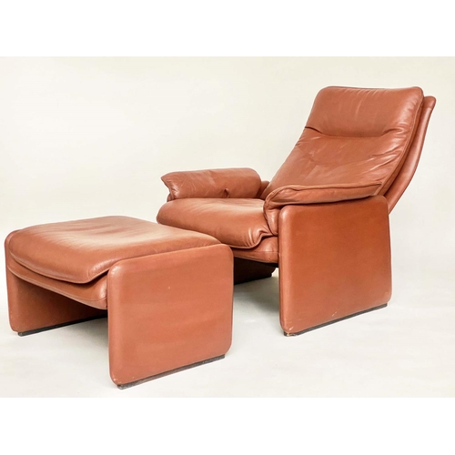 425 - DE SEDE LOUNGE CHAIR AND STOOL, stitched tan hide with reclining back and matching stool, 76cm W. (2... 