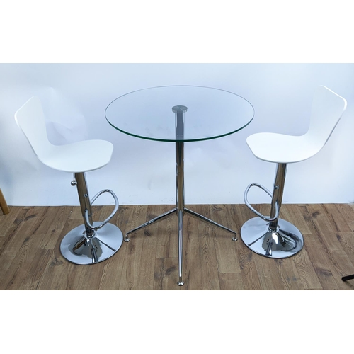 377 - THE CHAIR COMPANY BAR SET, including two bar stools, height adjustable (approx 63cm) and table, 89cm... 