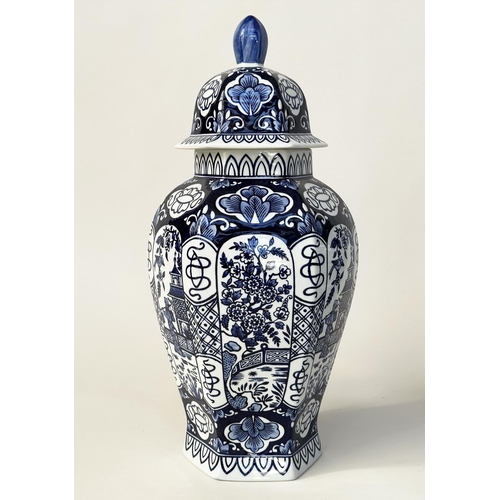 100 - TEMPLE VASES, a pair, Chinese blue and white ceramic, hexagonal facetted with lids, 63cm H. (2)