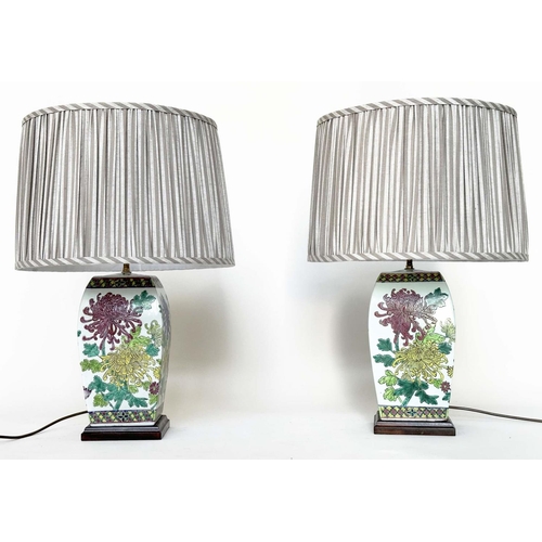 107 - TABLE LAMPS, a pair, mid 20th century Chinese ceramic curved facetted polychromic chrysanthemum deco... 