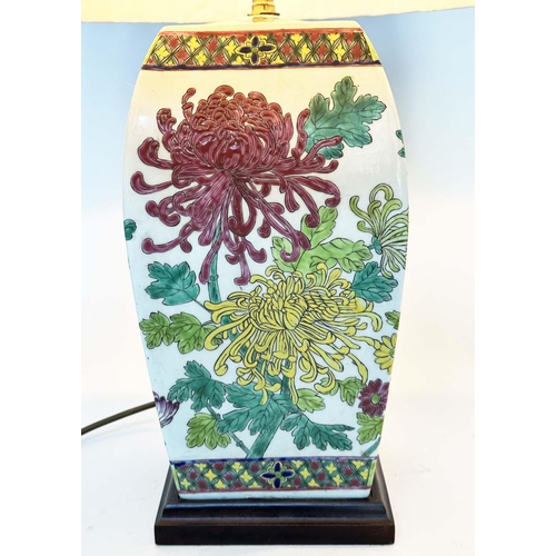 107 - TABLE LAMPS, a pair, mid 20th century Chinese ceramic curved facetted polychromic chrysanthemum deco... 