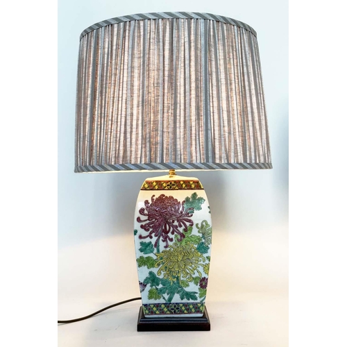 107 - TABLE LAMPS, a pair, mid 20th century Chinese ceramic curved facetted polychromic chrysanthemum deco... 