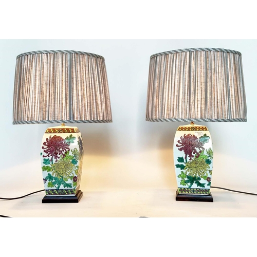 107 - TABLE LAMPS, a pair, mid 20th century Chinese ceramic curved facetted polychromic chrysanthemum deco... 