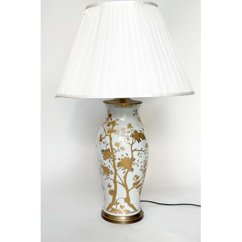 109 - TABLE LAMP, Chinese ceramic white and gilded trailing blossom of brass mounted vase form with pleate... 