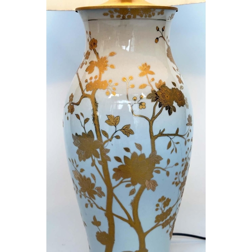 109 - TABLE LAMP, Chinese ceramic white and gilded trailing blossom of brass mounted vase form with pleate... 