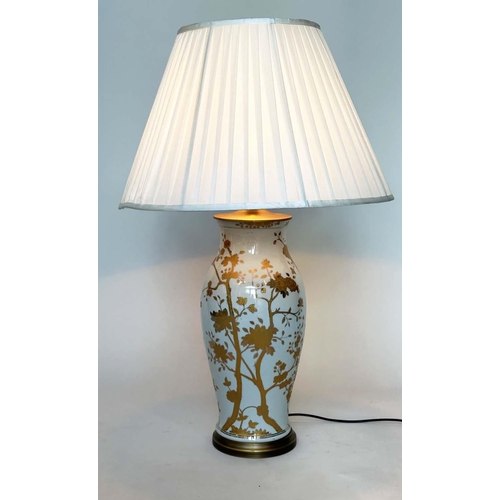 109 - TABLE LAMP, Chinese ceramic white and gilded trailing blossom of brass mounted vase form with pleate... 