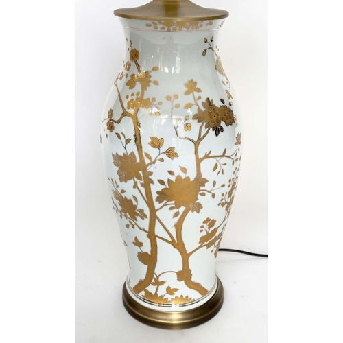 109 - TABLE LAMP, Chinese ceramic white and gilded trailing blossom of brass mounted vase form with pleate... 