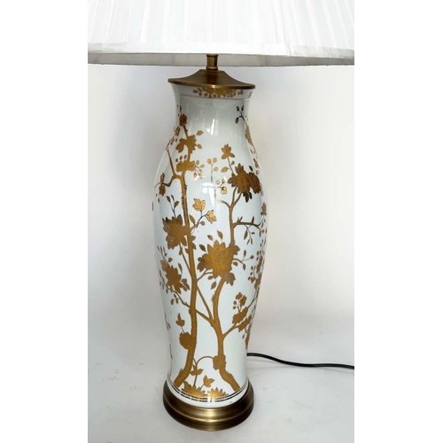 109 - TABLE LAMP, Chinese ceramic white and gilded trailing blossom of brass mounted vase form with pleate... 