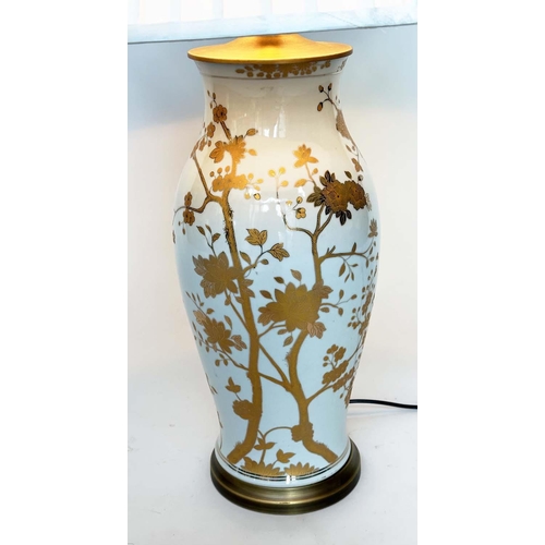 109 - TABLE LAMP, Chinese ceramic white and gilded trailing blossom of brass mounted vase form with pleate... 