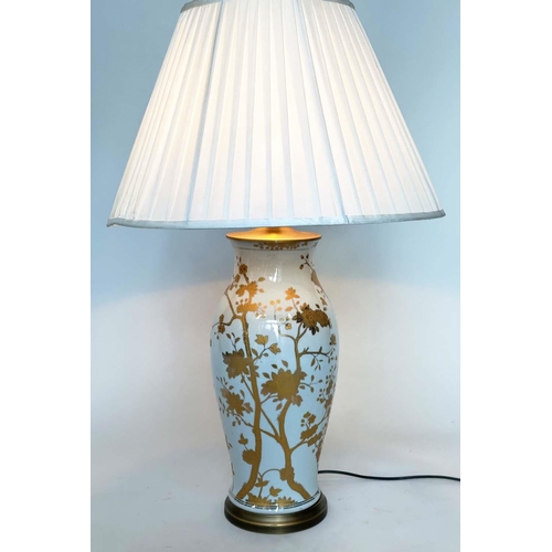 109 - TABLE LAMP, Chinese ceramic white and gilded trailing blossom of brass mounted vase form with pleate... 