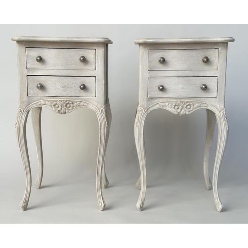 114 - BEDSIDE CHESTS, a pair, French Lois XV style traditionally grey painted each with two drawers, 40cm ... 