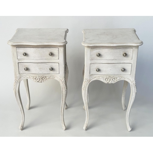 114 - BEDSIDE CHESTS, a pair, French Lois XV style traditionally grey painted each with two drawers, 40cm ... 