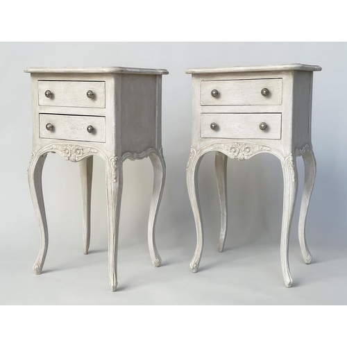 114 - BEDSIDE CHESTS, a pair, French Lois XV style traditionally grey painted each with two drawers, 40cm ... 