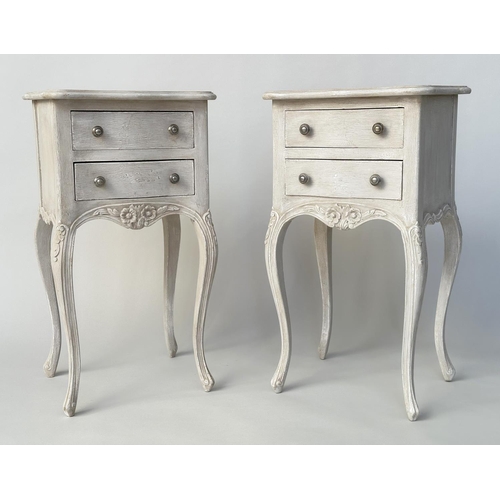 114 - BEDSIDE CHESTS, a pair, French Lois XV style traditionally grey painted each with two drawers, 40cm ... 