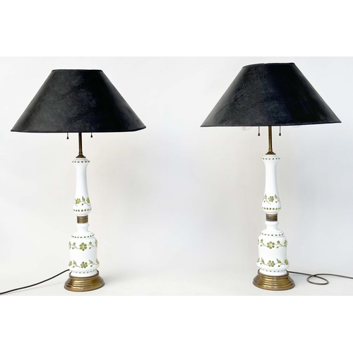 115 - TABLE LAMPS, a pair, Opaline and green pierced decorated with gilt metal mounted column and splay sh... 