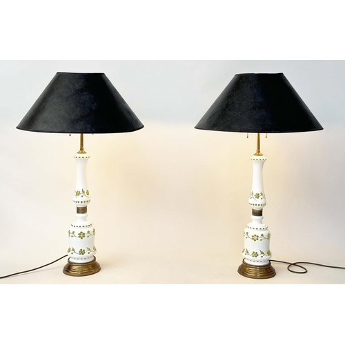 115 - TABLE LAMPS, a pair, Opaline and green pierced decorated with gilt metal mounted column and splay sh... 