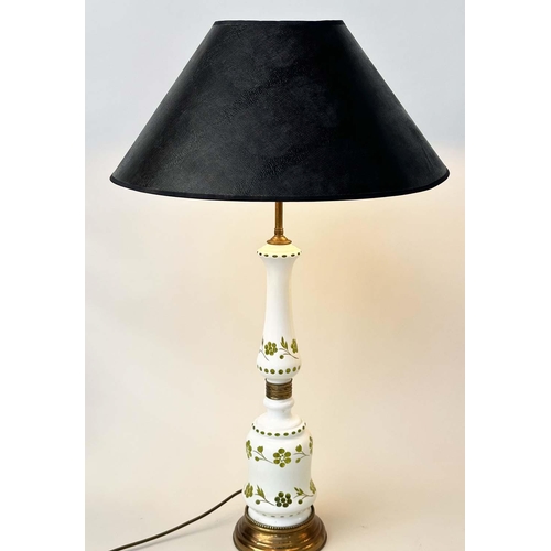 115 - TABLE LAMPS, a pair, Opaline and green pierced decorated with gilt metal mounted column and splay sh... 