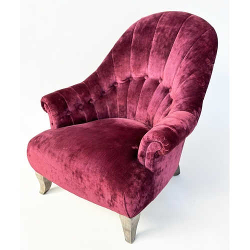 118 - ARMCHAIR BY JOHN SANKEY, burgundy red velvet chenille upholstered with buttoned and chanelled back a... 