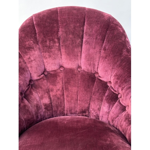 118 - ARMCHAIR BY JOHN SANKEY, burgundy red velvet chenille upholstered with buttoned and chanelled back a... 