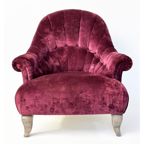 118 - ARMCHAIR BY JOHN SANKEY, burgundy red velvet chenille upholstered with buttoned and chanelled back a... 