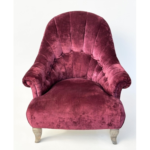 118 - ARMCHAIR BY JOHN SANKEY, burgundy red velvet chenille upholstered with buttoned and chanelled back a... 