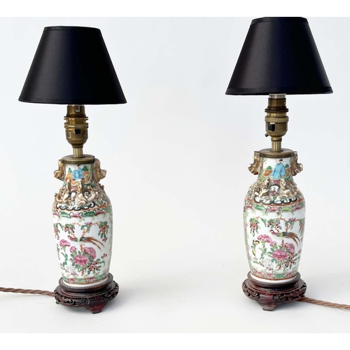 119 - TABLE LAMPS, a pair, late 19th century Canton Famille rose porcelain vases converted to lamps, 39m. ... 